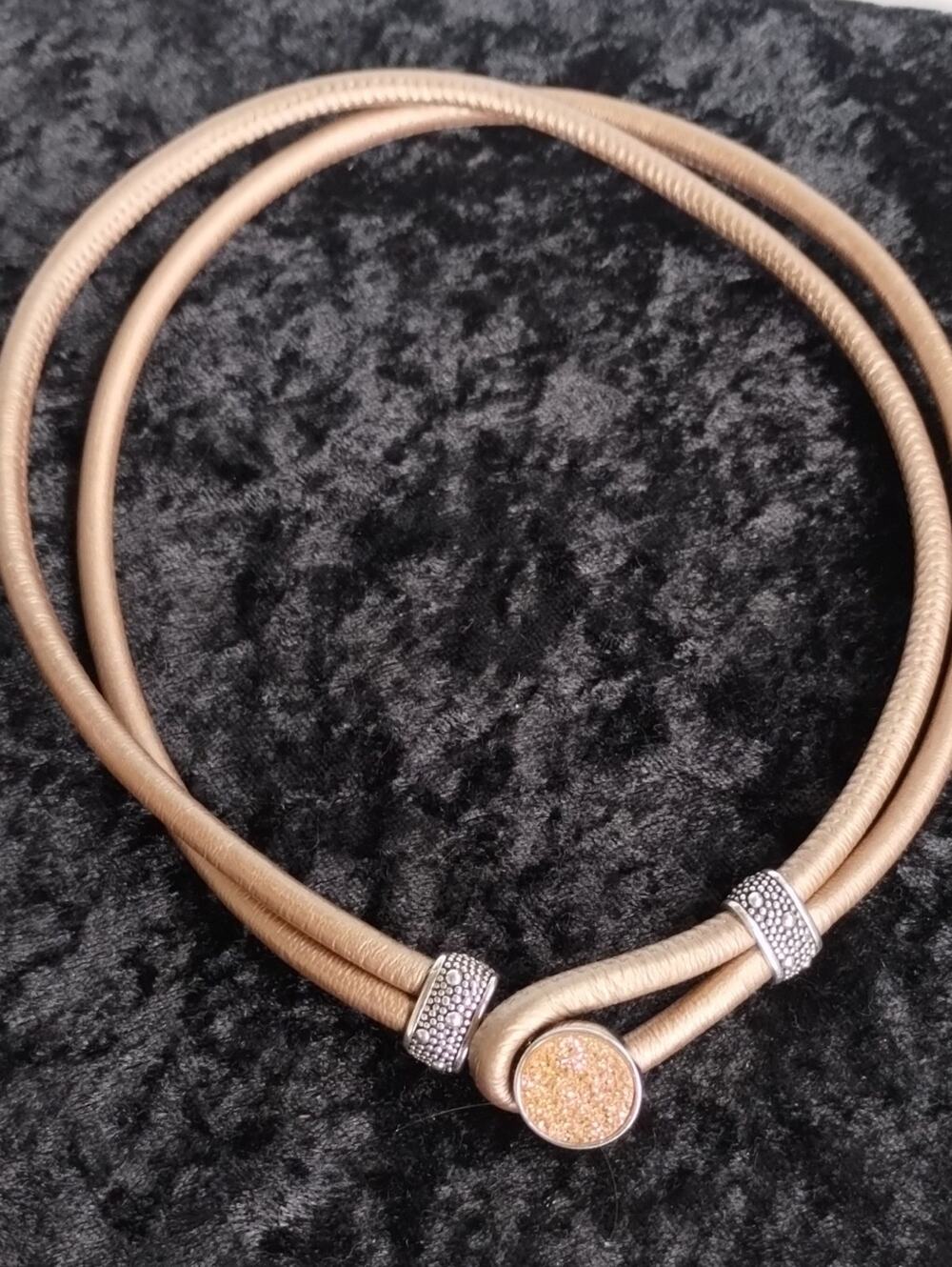 Michael Dawkins Starry Night 925  Peach Druzy Metallic Copper Leather Necklace
